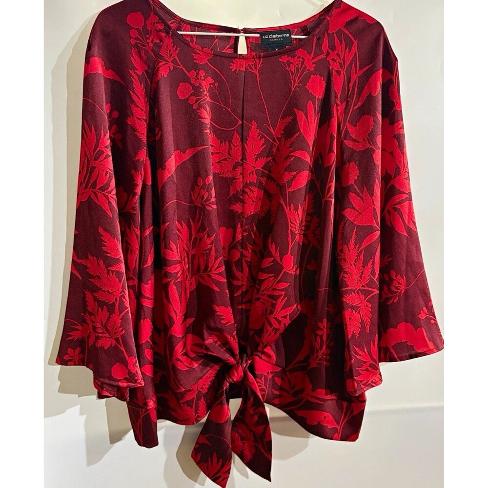 Liz Claiborne Women’s Blouse XL Burgundy/Red Floral Round Keyhole Tie 3/4 Slv
